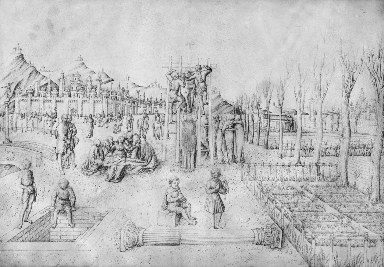 Laskeutuminen ristiltä ja Kristuksen valitus maisemassa, Jacopo Bellinin piirustusalbumista (kynä ja muste tarranauhalla) tekijältä Jacopo Bellini