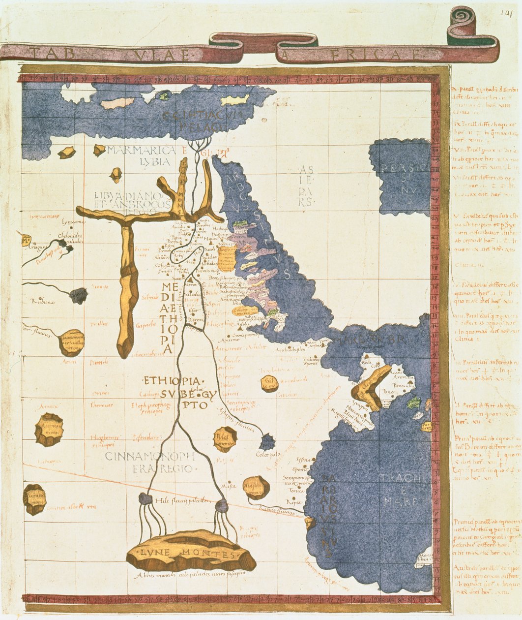 Kartta Egyptistä Etiopiaan, Ptolemaioksen käsikirjoituksesta, n. 1470, kuvitus julkaisusta "Memoires de la Societe Royale de Geographie d