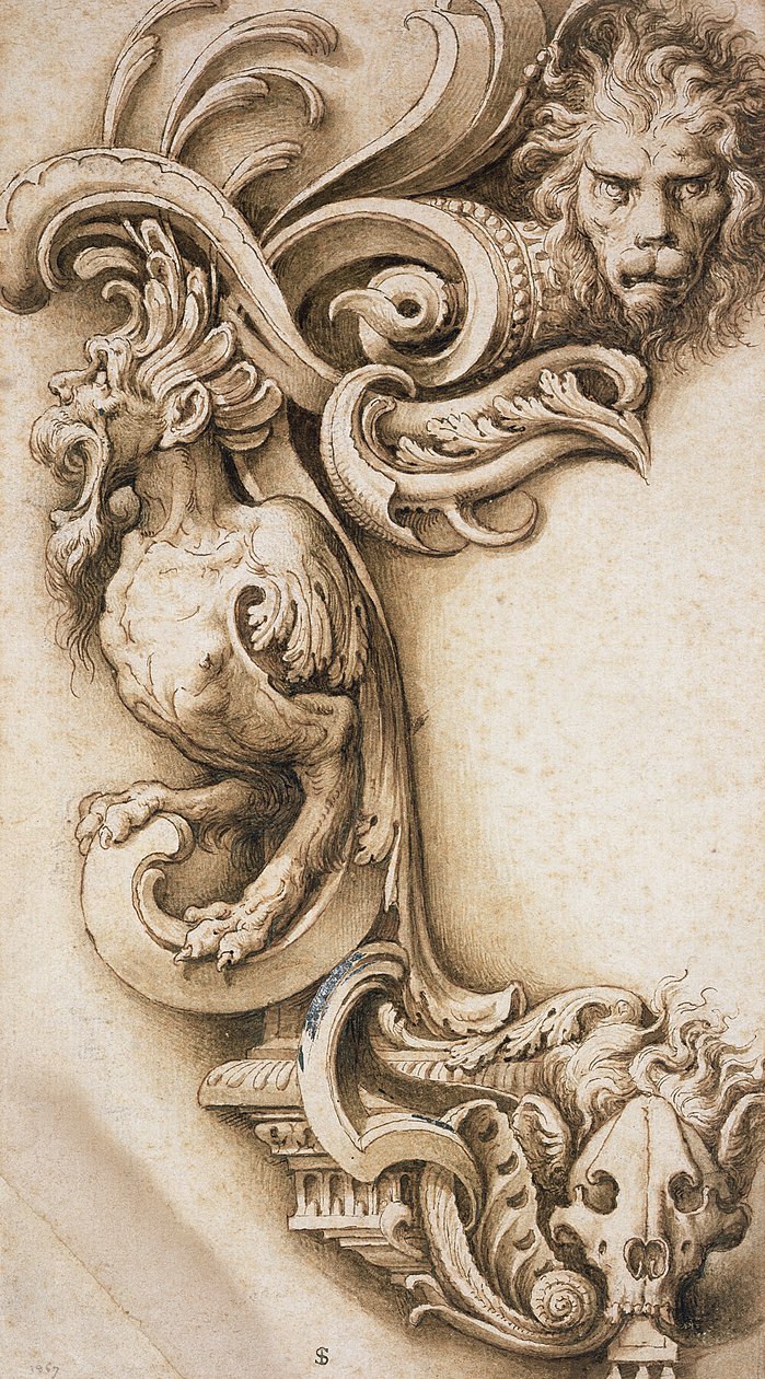 Grotesque Scroll (kynä ja ruskea muste paperille) tekijältä Jacopo Ligozzi