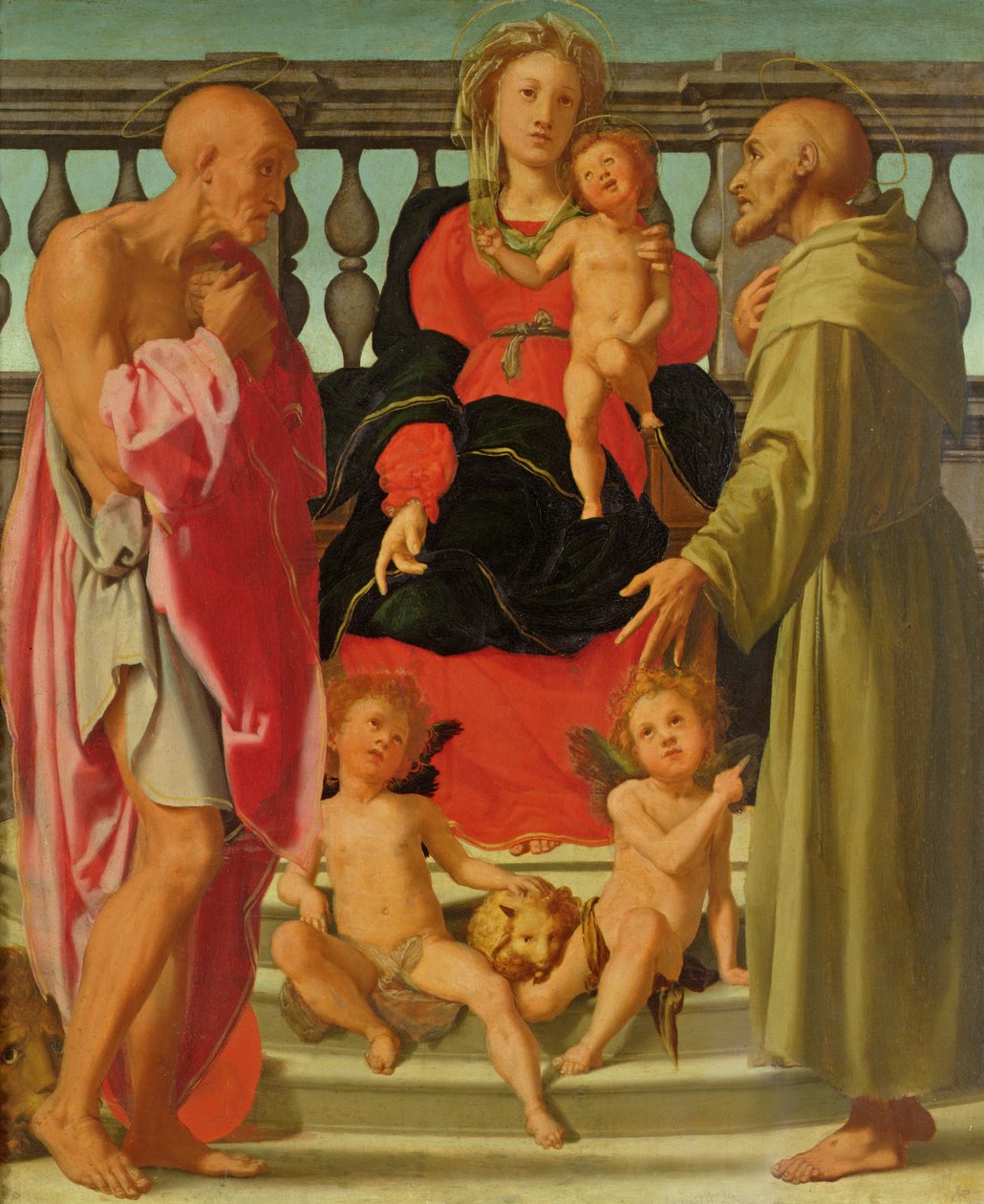 Madonna ja lapsi enkelien ja SS:n kanssa. Hieronymus ja Franciscus, n. 1517-18 tekijältä Jacopo Pontormo