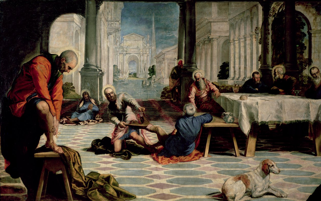 Kristus pesee opetuslasten jalkoja, yksityiskohta vasemmasta reunasta, n. 1547 tekijältä Jacopo Robusti Tintoretto