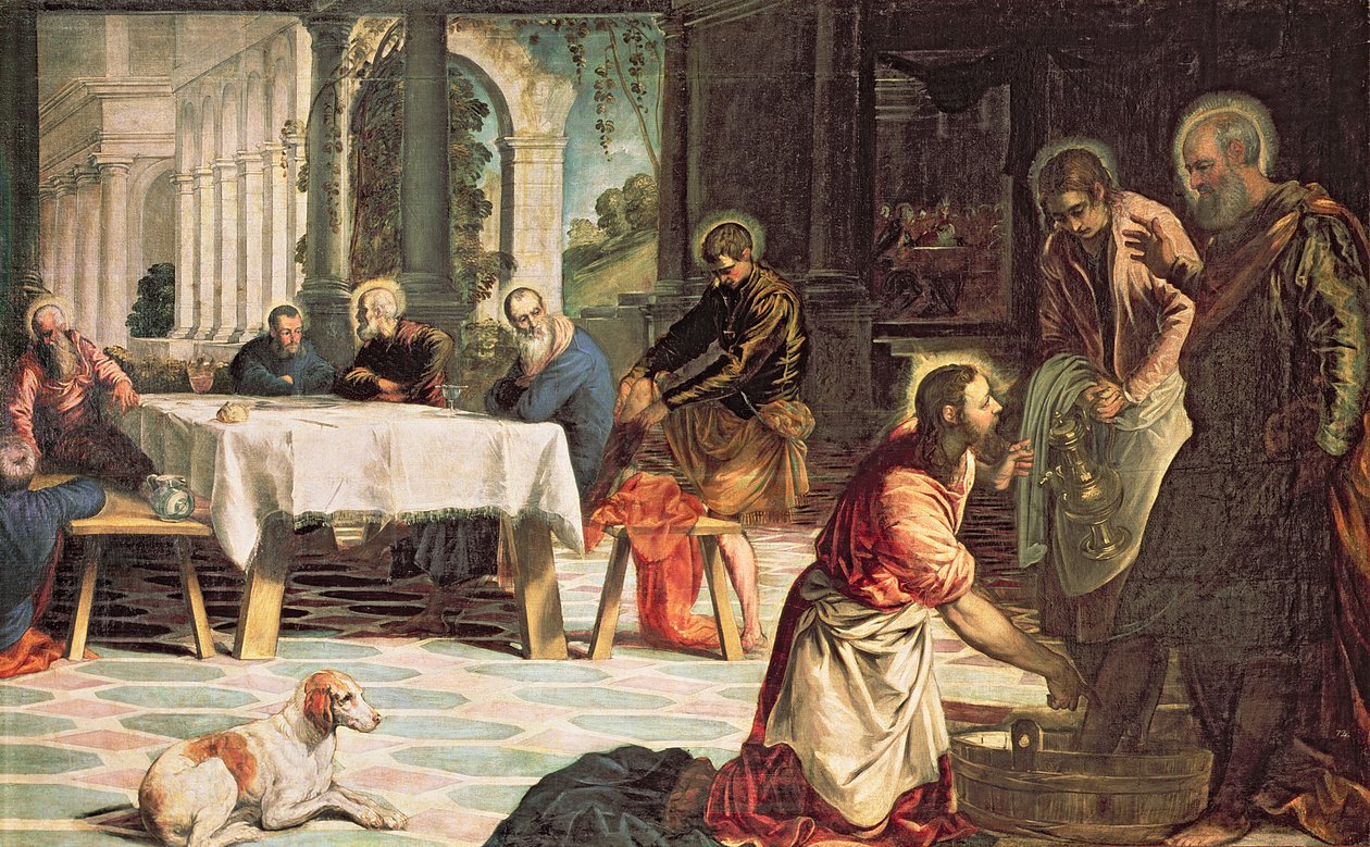 Kristus pesee opetuslasten jalkoja, yksityiskohta oikeasta, n. 1547 tekijältä Jacopo Robusti Tintoretto