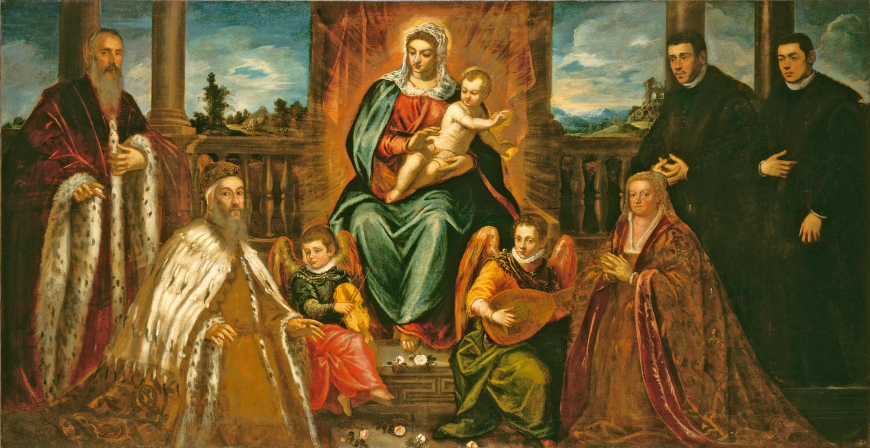 Doge Alvise Mocenigo ja perhe ennen Madonnaa ja lasta, n. 1573 tekijältä Jacopo Robusti Tintoretto