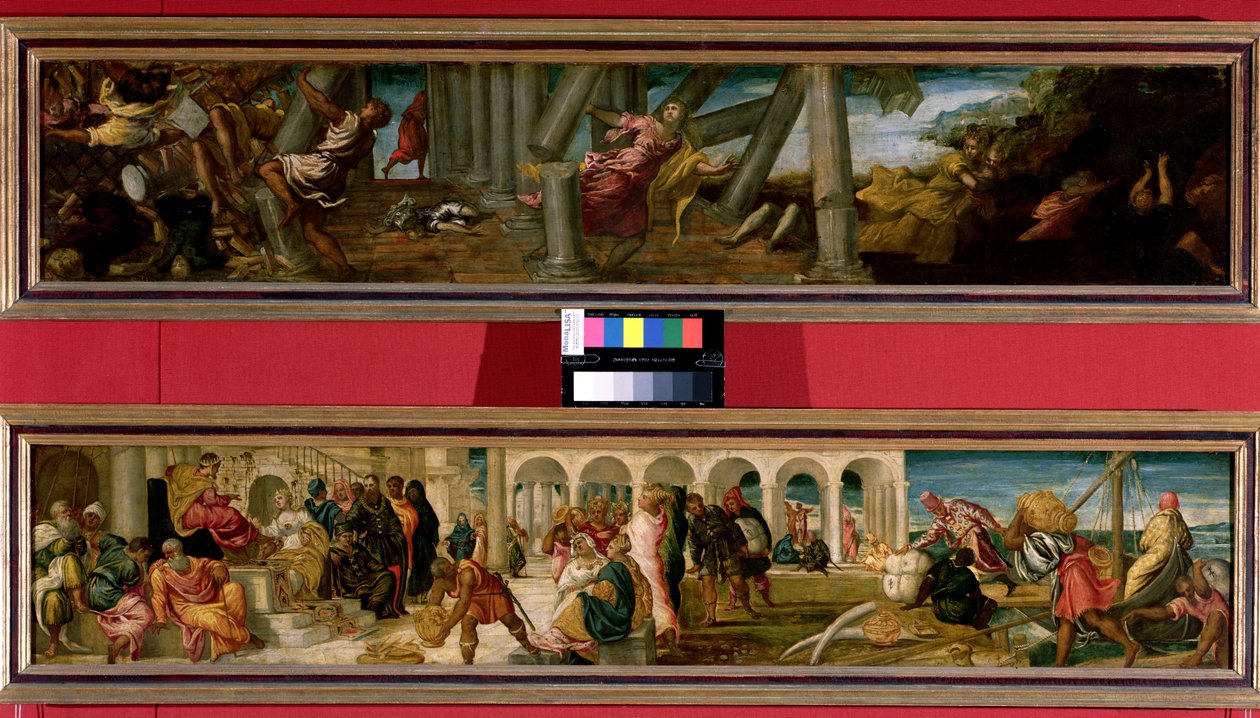 Simsonin kuolema; Saban kuningatar ennen kuningas Salomoa (pari), 1543 tekijältä Jacopo Robusti Tintoretto