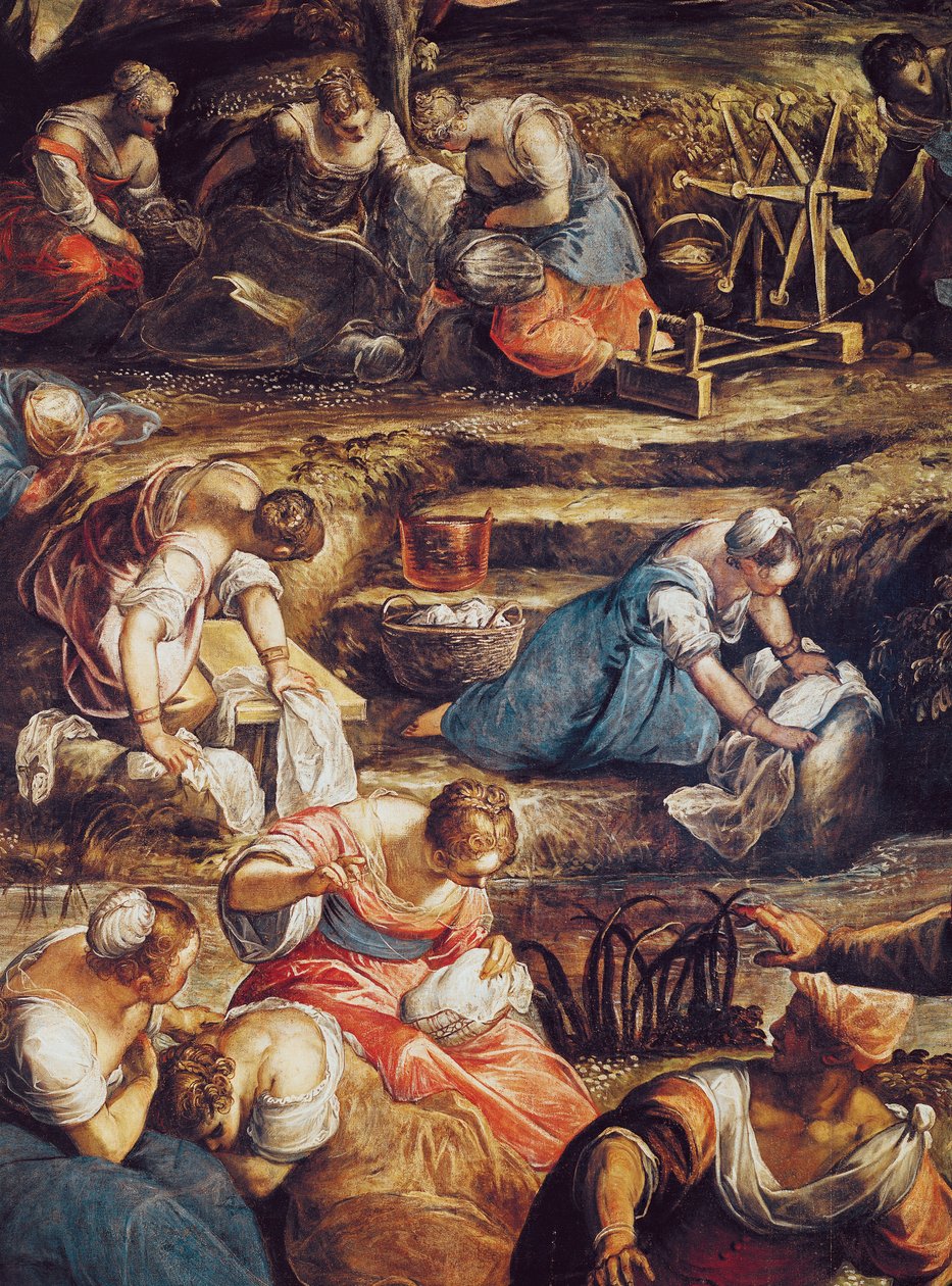 Mannan ihmeellinen pudotus, yksityiskohta naisten työstä tekijältä Jacopo Robusti Tintoretto