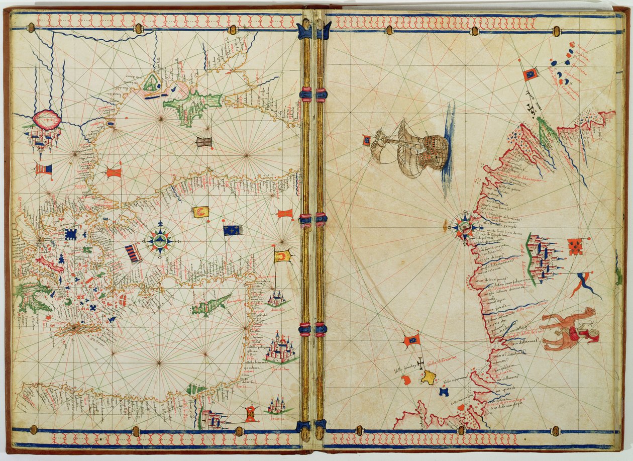 Ms Ital 550.0.3.15 fol.4v-5r Välimeren itäisen rannikon ja saarten kartta, "Carte Geografiche" (vellum) tekijältä Jacopo Russo