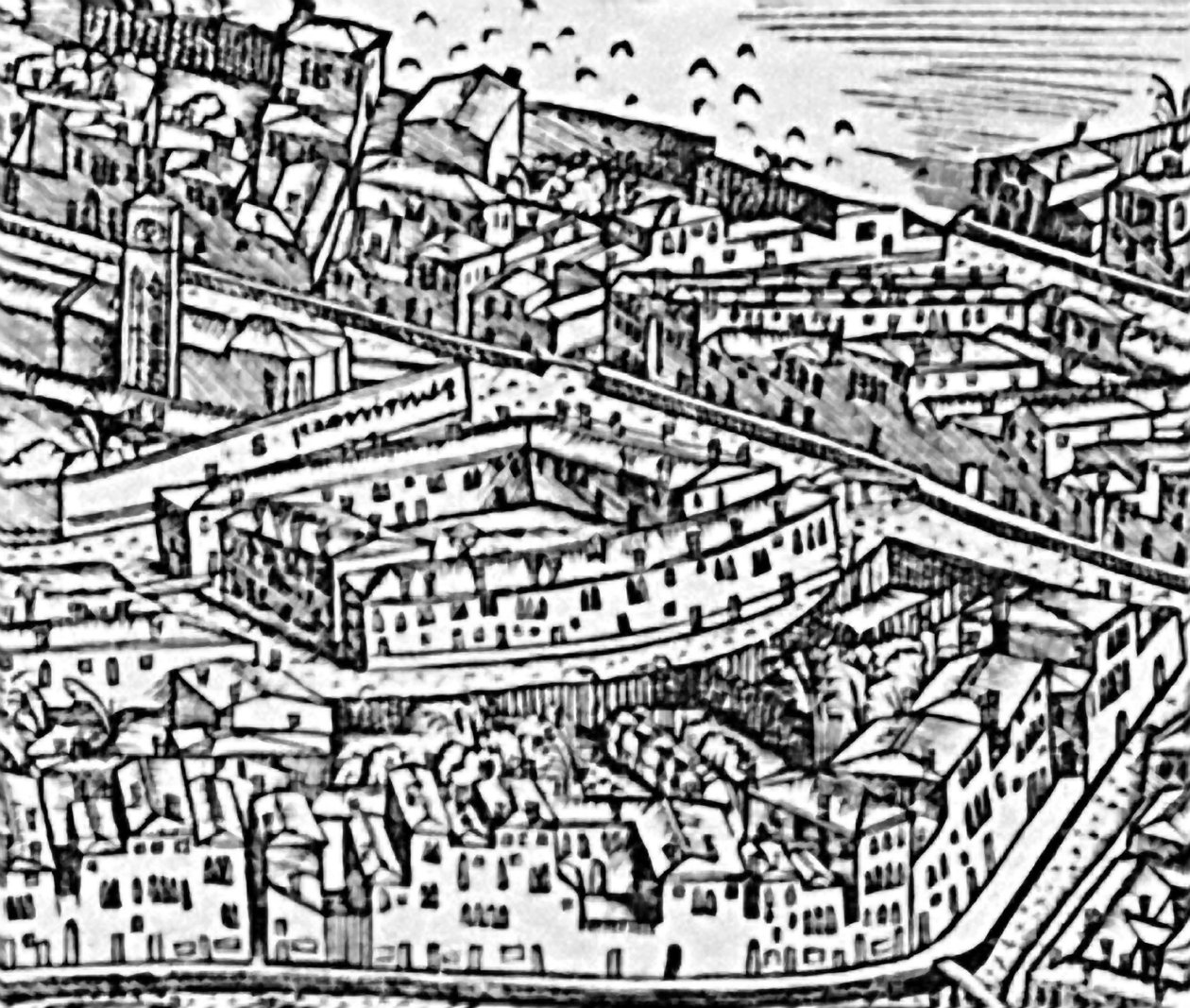 Grande Pianta Prospettica - Venetsia, yksityiskohta ghetosta, noin 1500 kaiverruskuva 416593:sta tekijältä Jacopo de Barbari