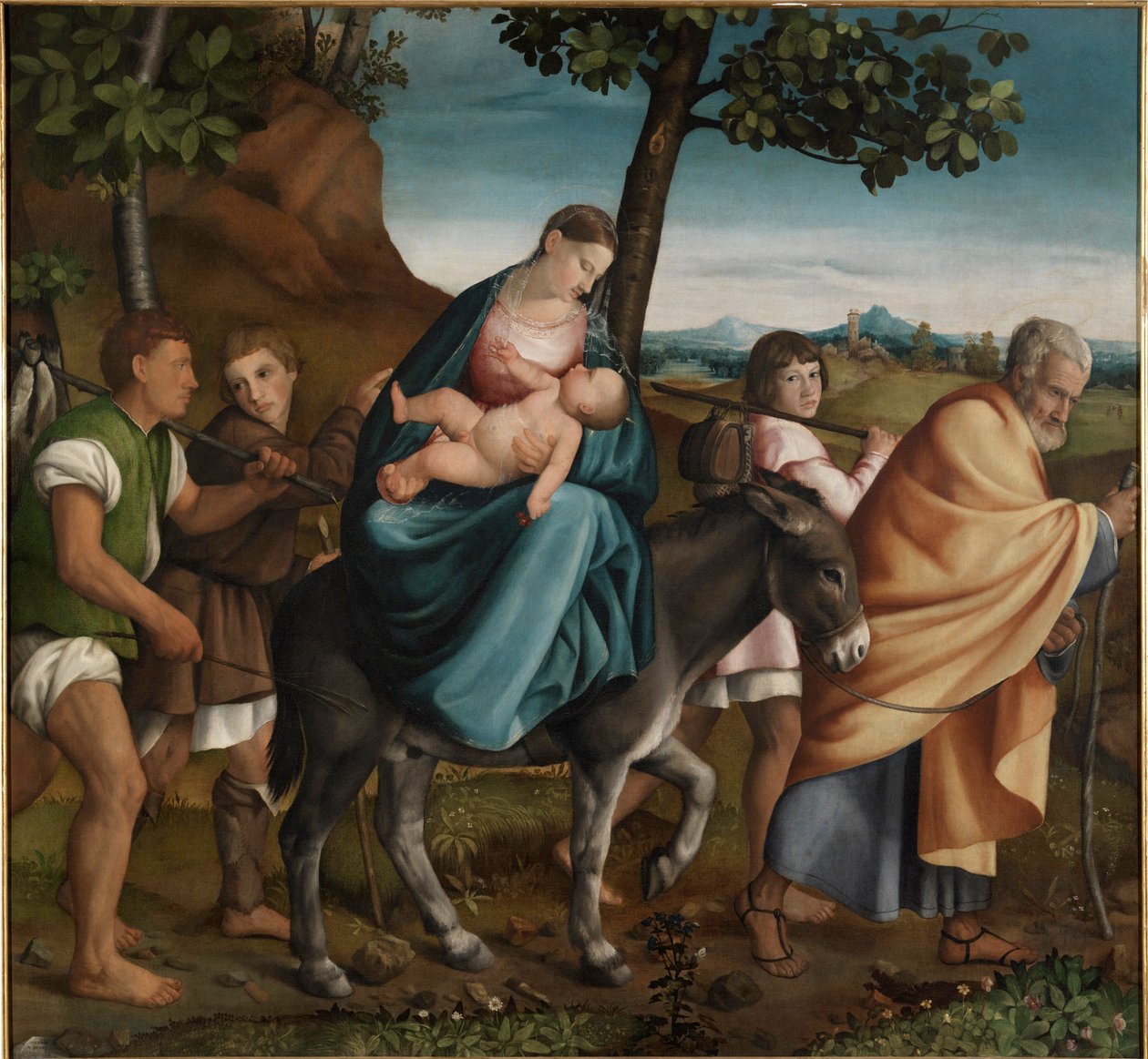 Lento Egyptiin - Jacopo Bassanon (tai da Ponten) maalaus Il Vecchio (vanhin) (1510-1592), öljy puulle tekijältä Jacopo Bassano