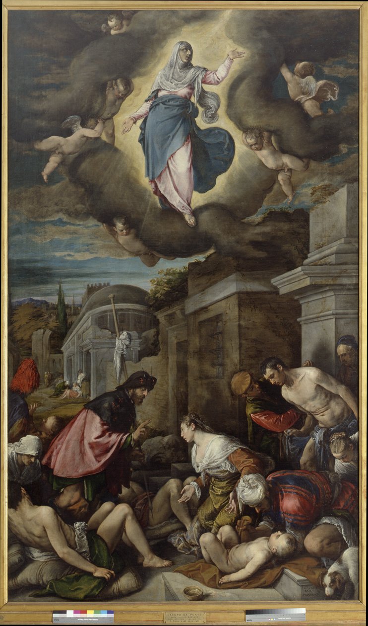 St. Roch vierailee ruton uhrien luona, n. 1575 (öljy kankaalle) tekijältä Jacopo Bassano