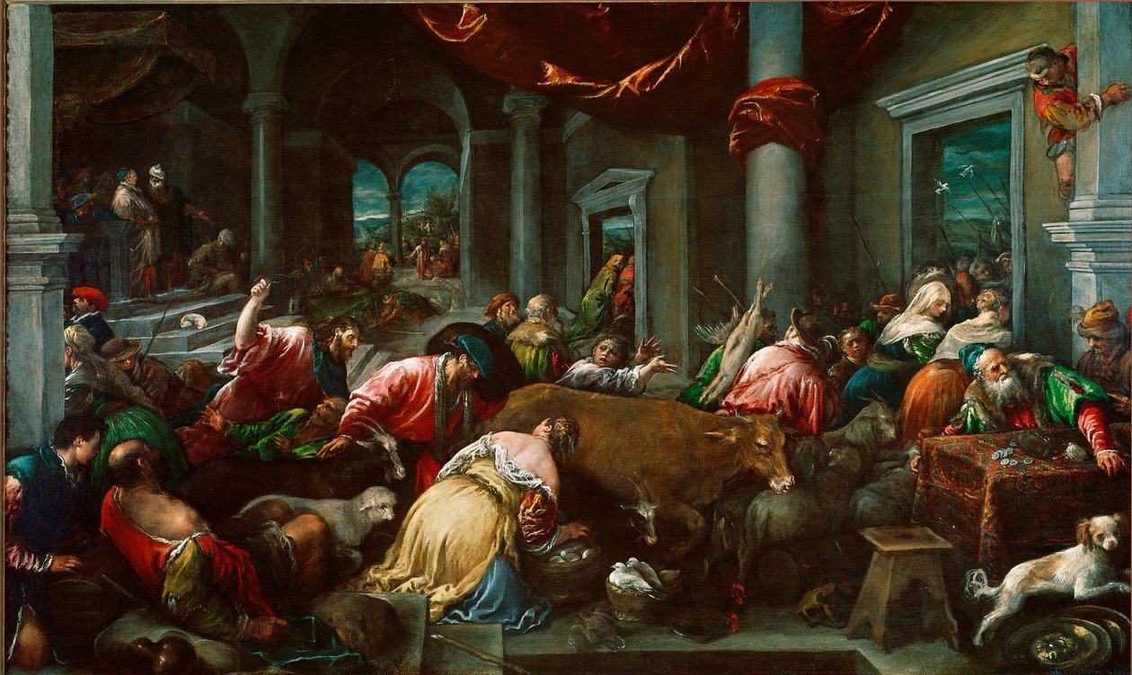 Temppelin puhdistaminen tai "" Kristus jahtaa kauppiaita temppelistä"" Jacopo Da Ponte dit Jacopo Bassanon maalaus (1517 noin-1592) Sun. 160x265 cm Lontoo, National Gallery tekijältä Jacopo Bassano