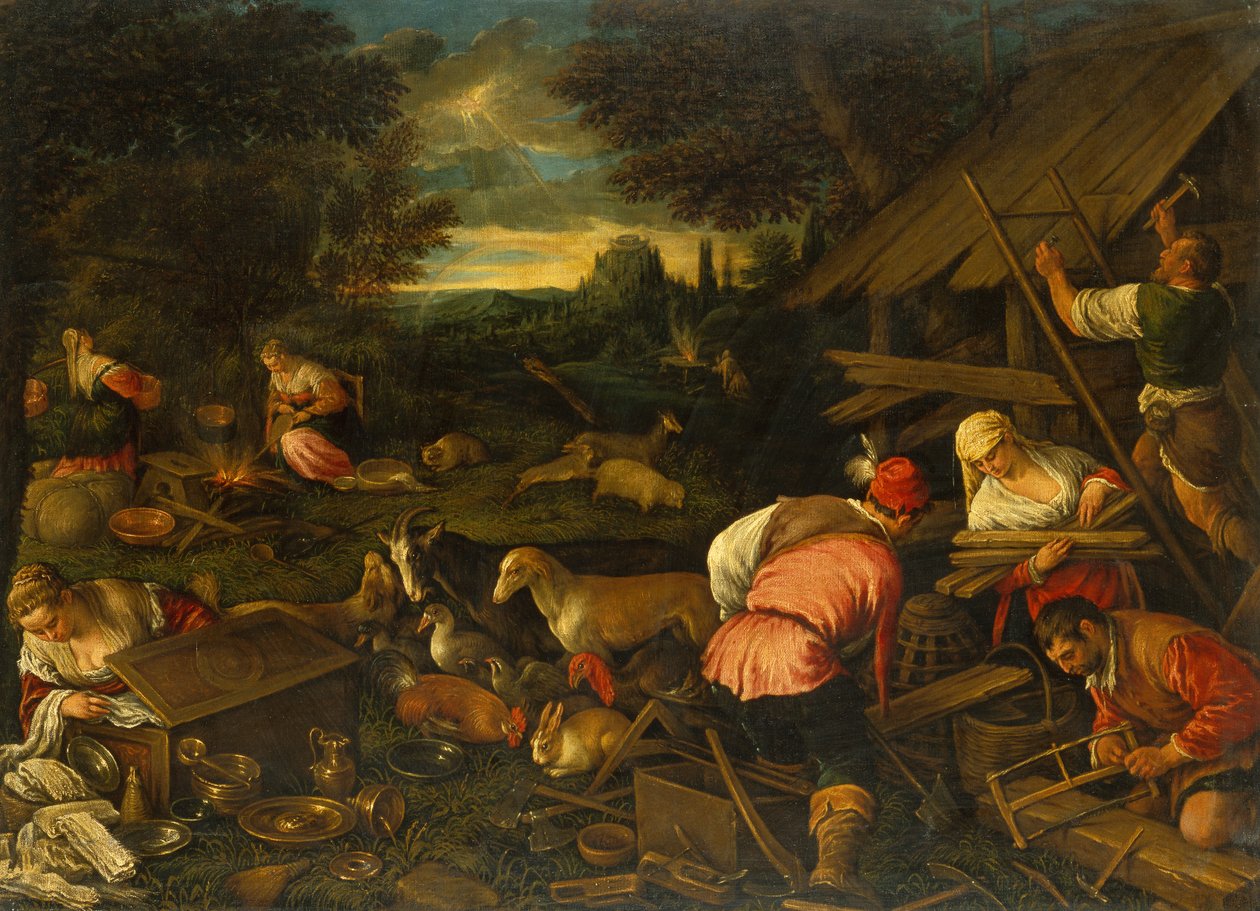 Jumala puhuu Nooalle vedenpaisumusten jälkeen, n. 1578 (öljy kankaalle) tekijältä Jacopo and Bassano Francesco (F. da Ponte) Bassano
