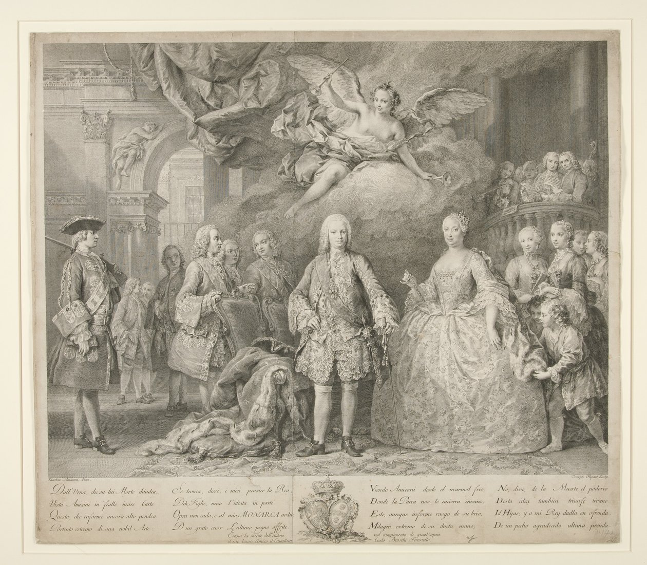 Ferdinand VI ja hänen kuningattarensa Maria Barbara Braganzasta Scarlattin ja kuuluisan italialaisen kastraatin Farinellin kanssa tekijältä Jacopo (after) Amigoni