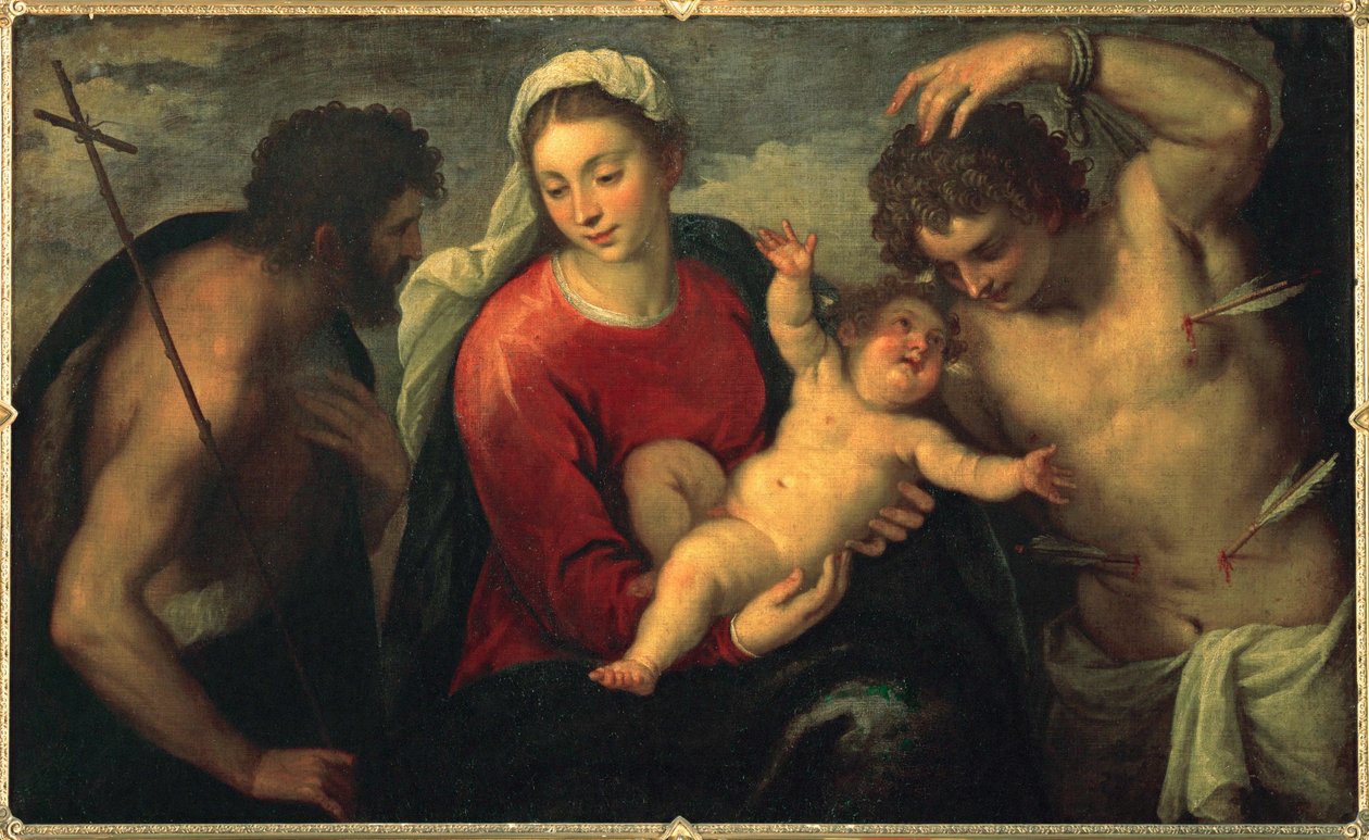 Neitsyt ja lapsi Johannes Kastajan ja Pyhän Sebastianuksen kanssa ... (maalaus kankaalle) tekijältä Jacopo (c.1480-1528) Palma