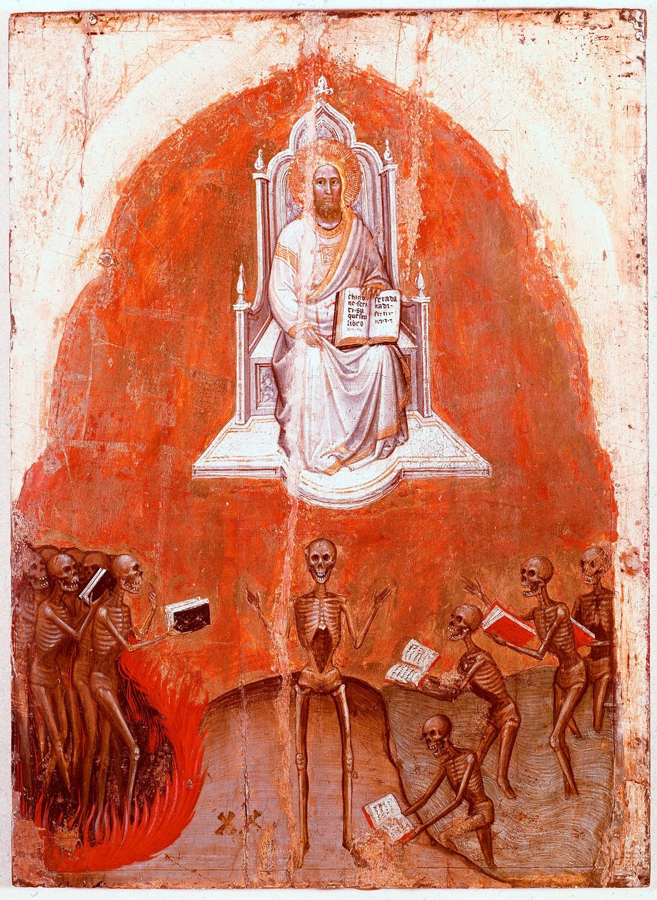 Vasen paneeli Ilmestyskirjan polyptyykistä: Kristus elämänkirjan kanssa. Jacobello Alberegnon Detrempe puulla (noin 1367-1397) 1360-1390. Gallerie dell