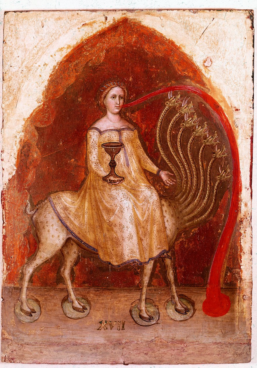 Ilmestyskirjan polyptyykin vasen paneeli: beetillä on seitsemän päätä ja sen päällä istuva nainen, rikas prostituoitu. Jacobello Alberegnon Detrempe puulla (noin 1367-1397) 1360-1390. Gallerie dell