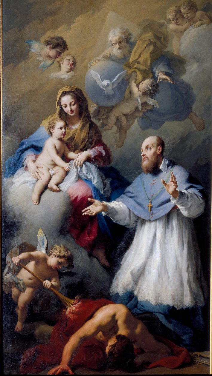 Neitsyt ja lapsi Saint Francois-de-Salesin kanssa (1567-1622), Geneven esitys Pyhän Kolminaisuuden Jeesuksen Kristuksen, Jumalan ja Pyhän Hengen kyyhkysen kanssa. Jacopo Amigonin (1675-1752) maalaus 1743 Venetsia, Santa Maria della Favan kirkko tekijältä Jacopo Amigoni