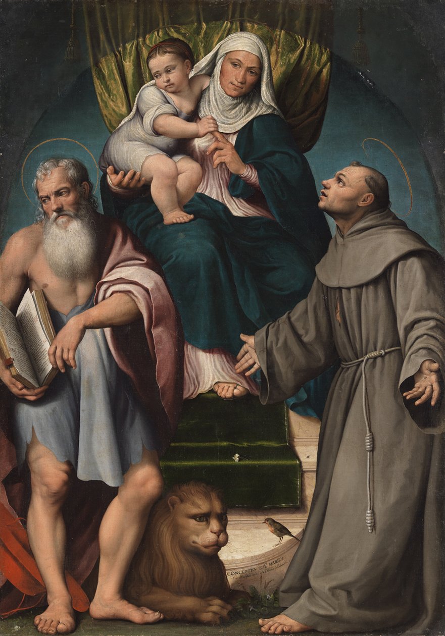 Pyhä Anna ja Kristus-lapsi pyhien Hieronymuksen ja Franciscuksen välissä, 1541. tekijältä Jacopo Bassano il vecchio