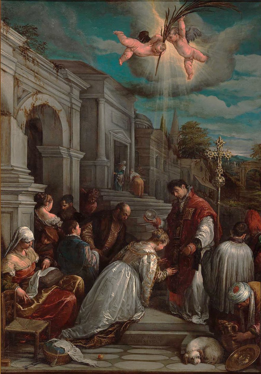 Pyhä Valentine kastaa Pyhän Lucillan, 1575 tekijältä Jacopo Bassano il vecchio