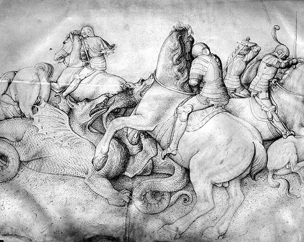 Taistelu lohikäärmeitä vastaan, n. 1450 (muste vellum) tekijältä Jacopo Bellini