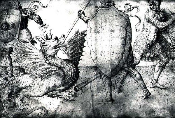 Soturit taistelevat lohikäärmettä vastaan, n. 1450 (muste vellum) tekijältä Jacopo Bellini