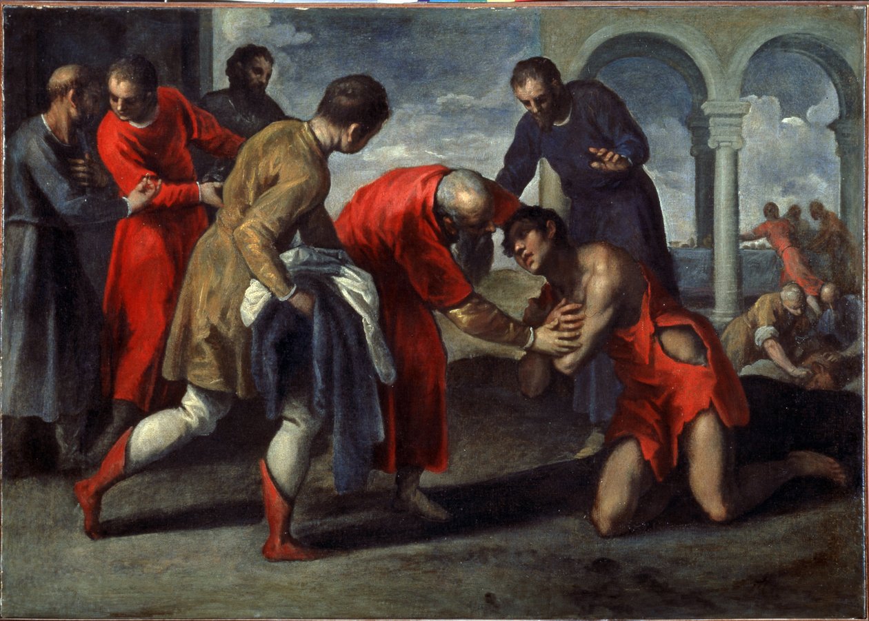 Tuhlaajapojan paluu. Jacopo Palma il Giovane nuoremman maalaus (1544-1628), vuoden 1600 jälkeen. Öljy kankaalle. Italialainen taide, manieristinen tyyli. Galleria dell