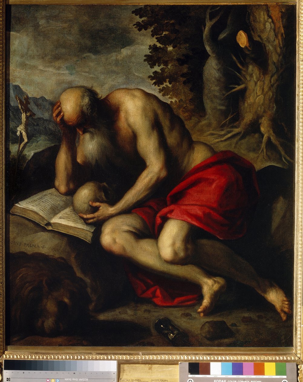 Pyhä Jerome. Jacopo Palma il Giovane nuoremman (1544-1628) maalaus öljy kankaalle tekijältä Jacopo Il Giovane Palma