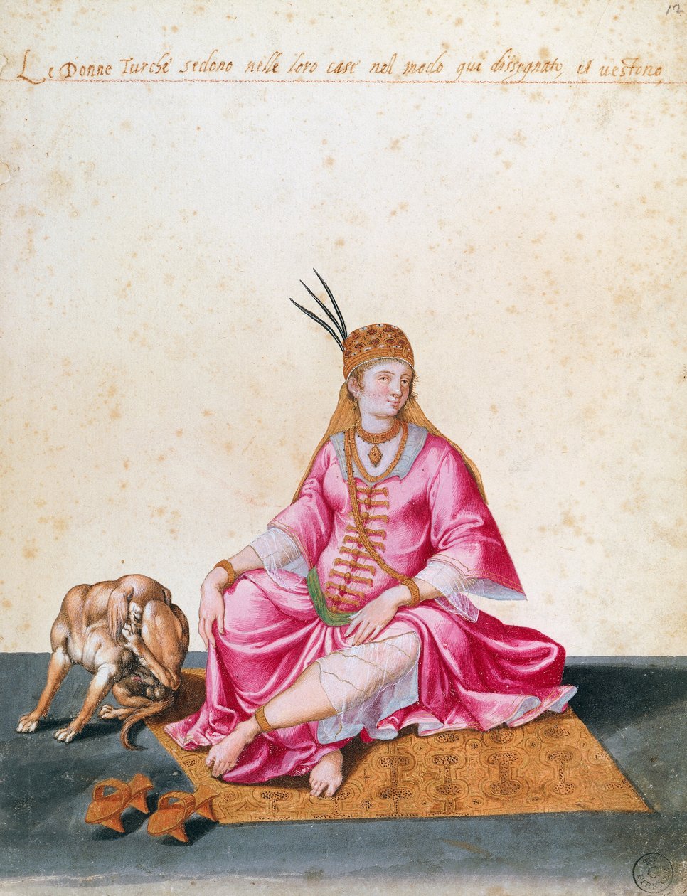 Turkkilainen nainen koiran kanssa, piirustus Jacopo Ligozzi (1547-1627) tekijältä Jacopo Ligozzi