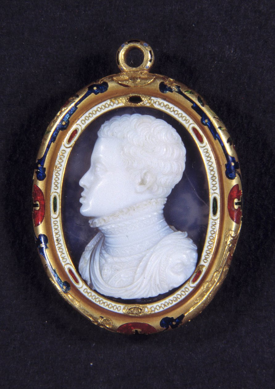 Espanjan prinssi Don Carlosin (1545-1568) muotokuva. Calcedony medaljonki tekijältä Jacopo Nizzola da Trezzo