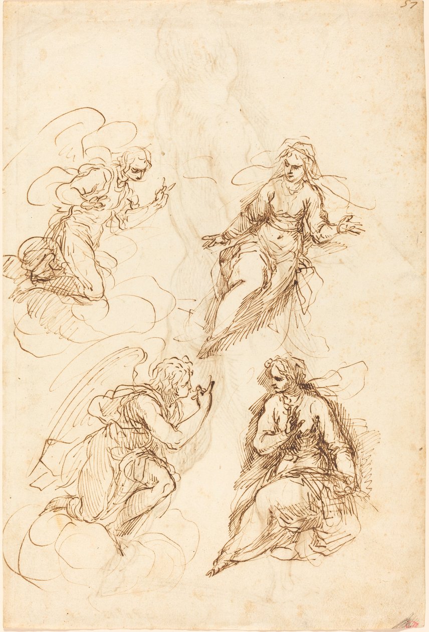 Studies for an Annunciation [recto] tekijältä Jacopo Palma il Giovane