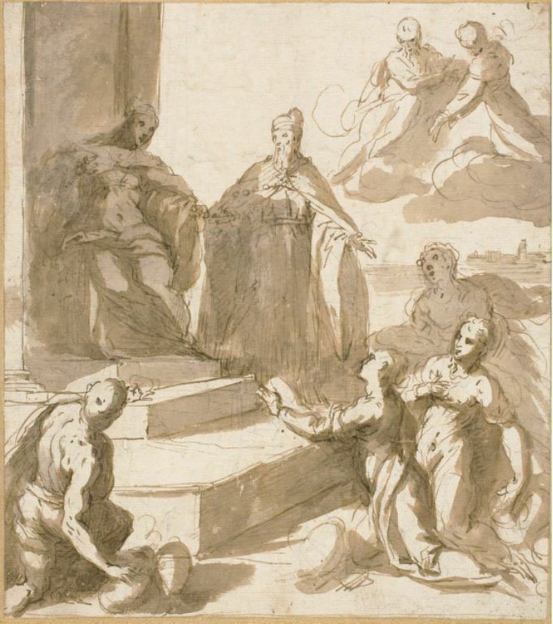 Tutkimus Venetsiaan saamaan kunnianosoituksia ja lahjoja Bresciasta, Udinen, Padovasta ja Veronasta, ja Doge Francesco Venier esittelee ne tekijältä Jacopo Palma il Giovane
