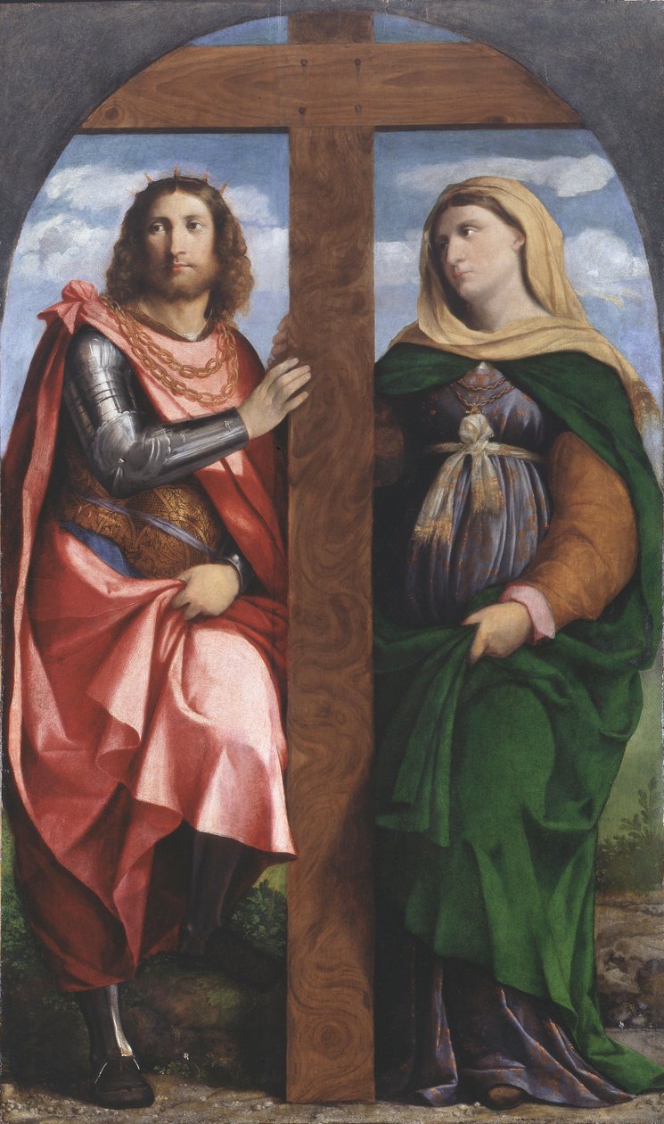 Ristin korotus. Pyhät Konstantinus Suuri ja Helena, 1520-1522. tekijältä Jacopo Palma il Vecchio the Elder