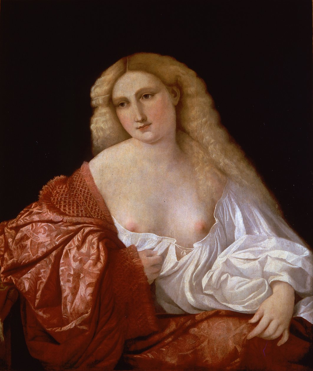 Naisen muotokuva Kurtisaanin muotokuva, 1520 tekijältä Jacopo Palma il Vecchio the Elder