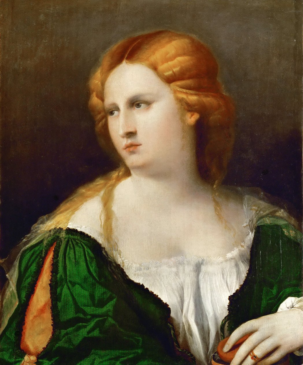 Nuori nainen vihreässä mekossa, laatikko kädessään, n. 1514 tekijältä Jacopo Palma il Vecchio the Elder
