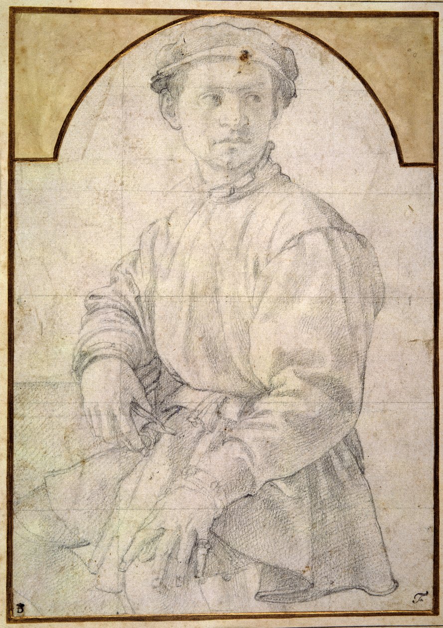 Istuva nuori lippalakki päällään (liitu paperille) tekijältä Jacopo Pontormo
