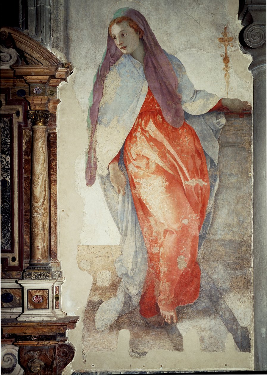 Ilmoitus. Yksityiskohta neitsyt - fresko tekijältä Jacopo Pontormo