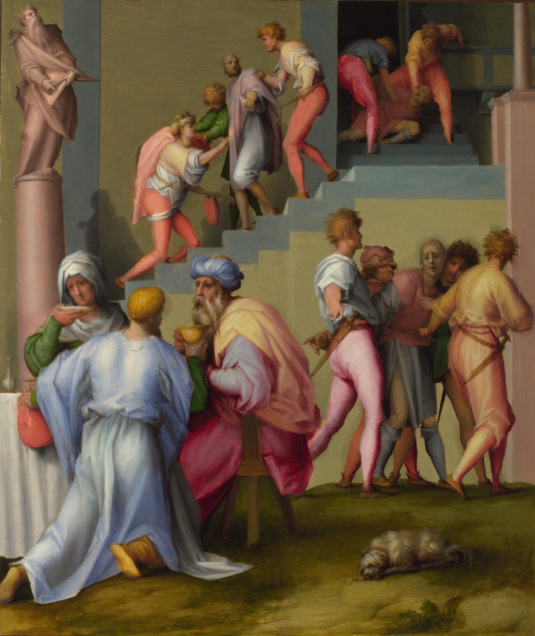 Farao hovimestarinsa ja leipurineen Joosefin tarinan kohtauksista, n. 1515 tekijältä Jacopo Pontormo