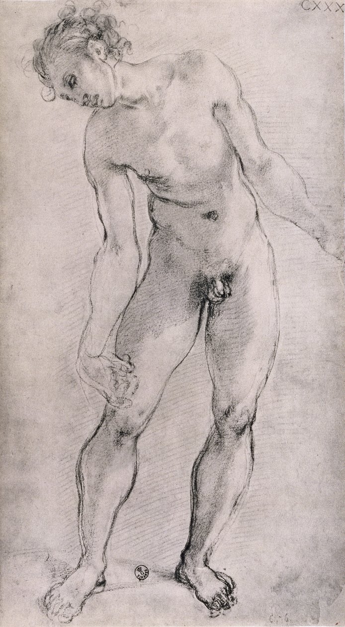 Tutkimus mieshahmosta "Deposition"-alttaritaululle Capella Capponissa, Santa Felicita, Firenze, 1525-27 (hiili) tekijältä Jacopo Pontormo