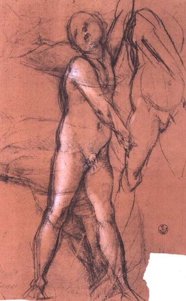 Tutkimus enkelistä, joka pitää verhoa "Pyhälle perheelle pyhien kanssa" (Pucci-alttaritaulu), n. 1518 (hiili) tekijältä Jacopo Pontormo