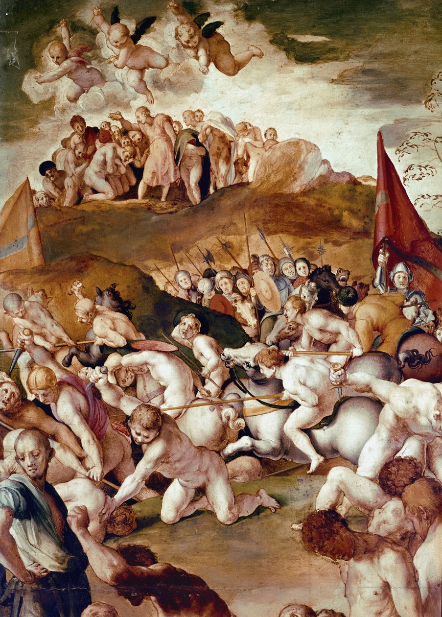 Yksitoistatuhatta marttyyria, yksityiskohta pyhän Mauricuksen marttyyrikuolemasta ja legendaarisesta roomalaisesta Theban-legioonasta (tempera puulla tekijältä Jacopo Pontormo