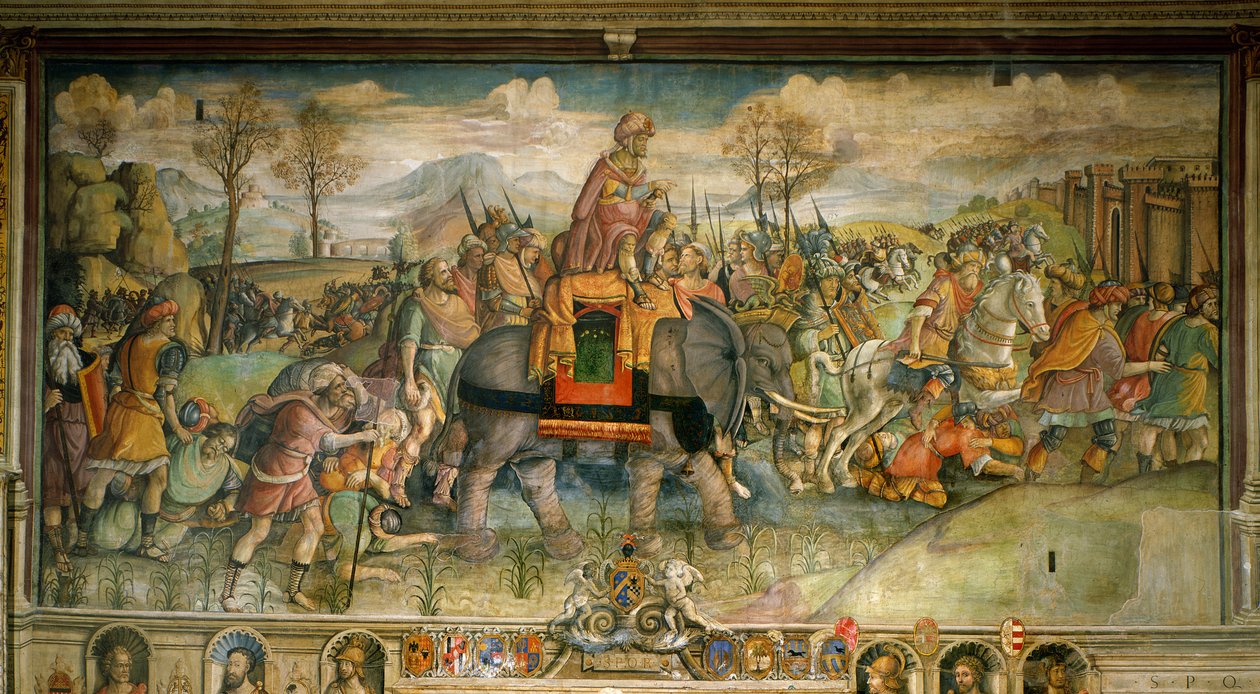 Fresko Hannibalin saapumisesta Italiaan. Kirjailija: Jacopo Ripanda 1500-luvun loppu. Palazzo des Conservatori, Rooma - Hannibal ylittää Alpit, 218 eKr., kirjoittanut Jacopo Ripanda (toimii noin 1500-1516), noin 1510, fresko konservatorioiden palatsista, R tekijältä Jacopo Ripanda