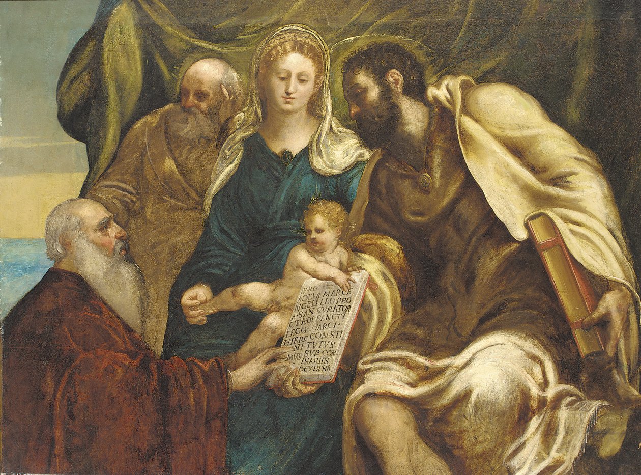 Pyhä perhe ja Doge Ranieri (öljy kankaalle) tekijältä Jacopo Robusti (studio of) (attr. to) Tintoretto
