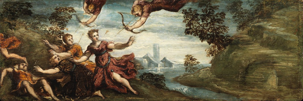 Apollo ja Artemis tappavat Nioben lapset, n. 1545-1548 (öljy paneelissa) tekijältä Jacopo Robusti (workshop of) Tintoretto