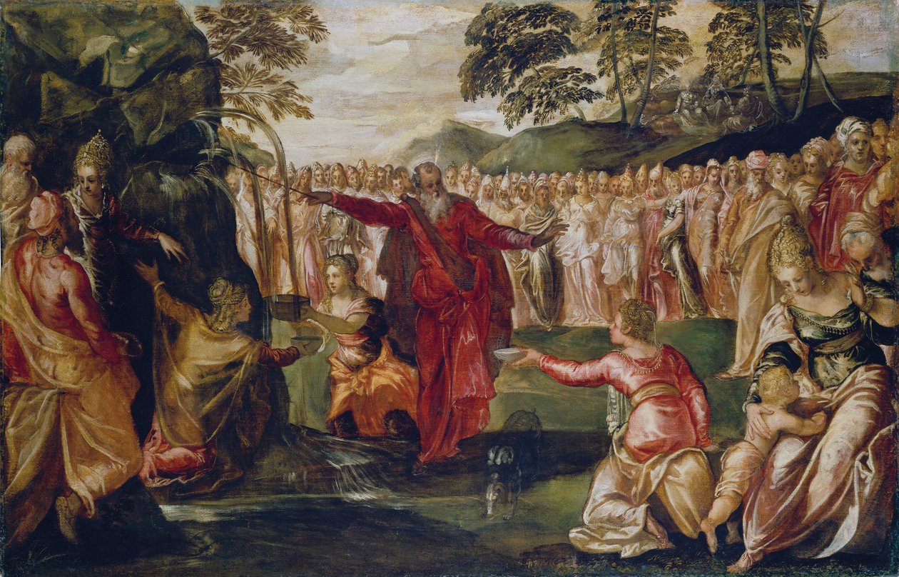 Mooses iskee kallioon, noin 1555-70 (öljy kankaalle). tekijältä Jacopo Robusti (workshop of) Tintoretto