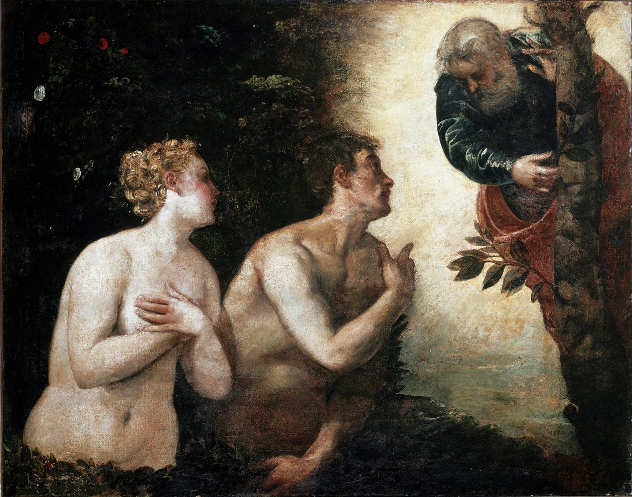 Aadam ja Eeva kohtaavat ikuisen isän Jacopo Robustin maalaus sanoi Tintoret (Tintoretto) (1518-1594) 1550-1553 Sun. 90x110 cm Firenze, Palazzo Pitti, Galleria Palatina tekijältä Jacopo Robusti Tintoretto