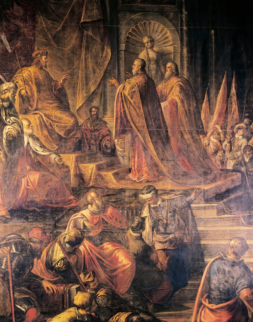 Paavin suurlähettiläät ja venetsialaiset rukoilevat Barbarossalta rauhaa turhaan, Jacopo Tintoretto (1519-1594) ja hänen työpajansa, Great Council Hall, Dogen palatsi, Venetsia. Italia tekijältä Jacopo Robusti Tintoretto