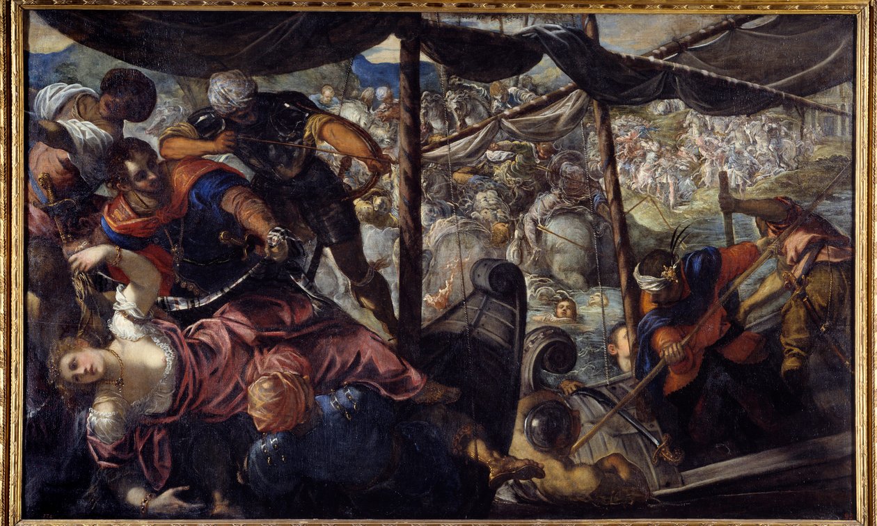 Taistelu turkkilaisten ja kristittyjen välillä. Jacopo Robusti Tintoretto dit Le tintoret (1518-1594) tekijältä Jacopo Robusti Tintoretto