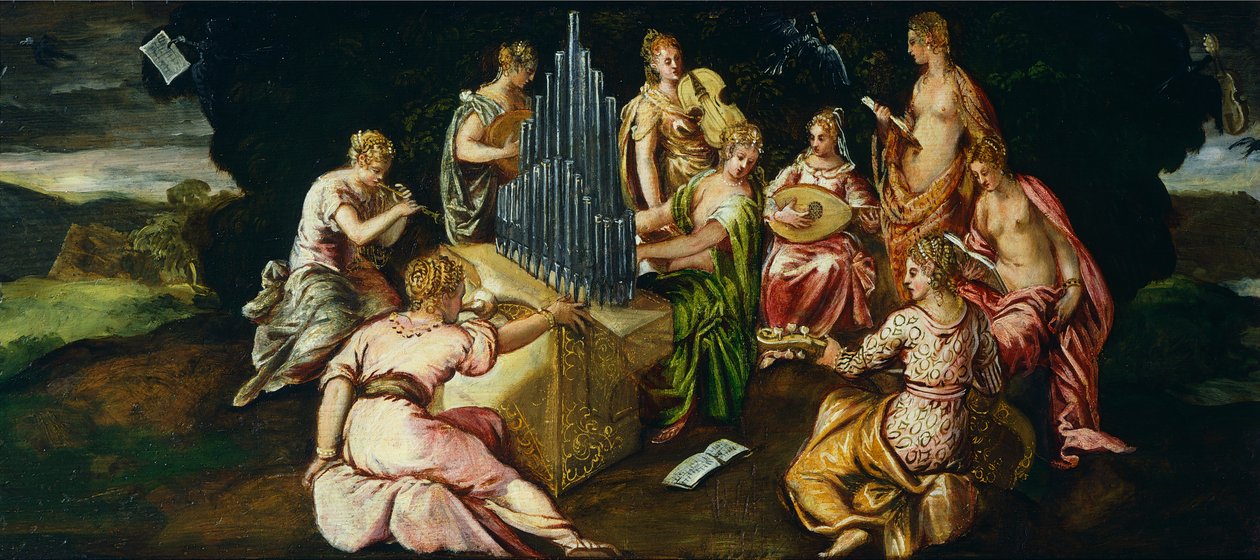 Muses ja Pierides välinen kilpailu, Jacopo Robusti, joka tunnetaan nimellä Tintoretto (1519-1594), öljy paneelille, 46x91 cm tekijältä Jacopo Robusti Tintoretto