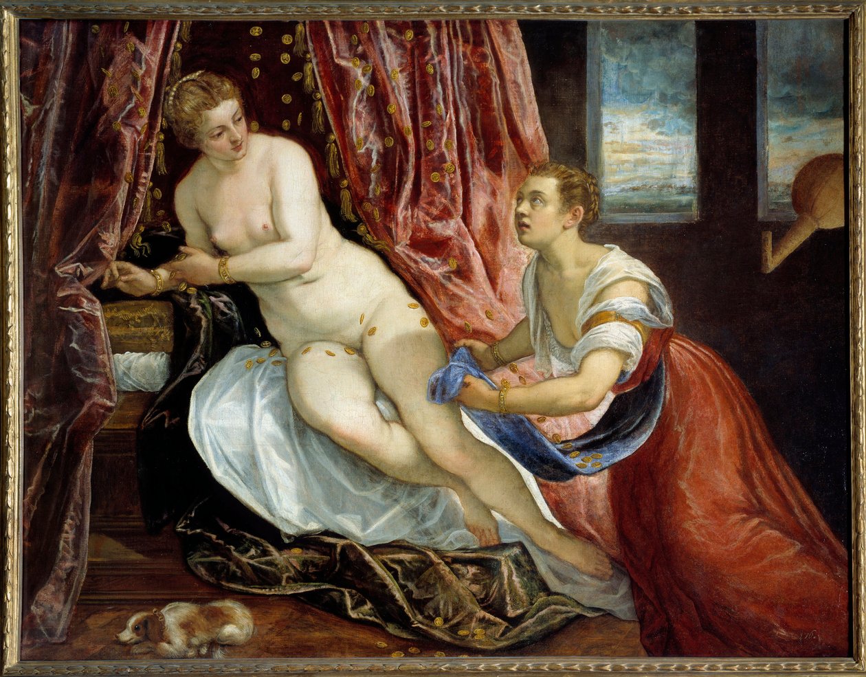 Danae Zeus, muunna kultakappaleiksi vietelläksesi Danaen. Jacopo Robustin maalaus dit Le Tintoret (Tintoretto) (1518-1594) Sun. 1,42x1,82 m Lyon, museo des Beaux Arts tekijältä Jacopo Robusti Tintoretto