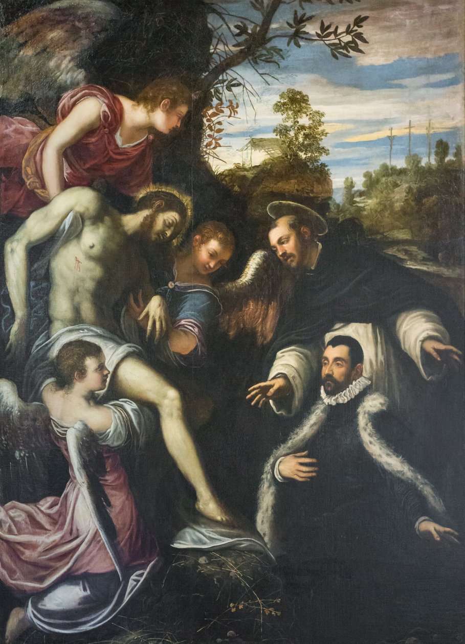 Kuollut Kristus kolmen enkelin, pyhän Dominikuksen ja lahjoittajan tukemana. tekijältä Jacopo Robusti Tintoretto