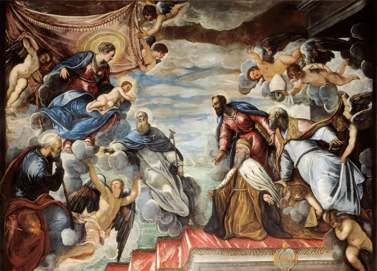 "Doge Nicolo da Ponte polvistumassa Neitsyen edessä" tekijältä Jacopo Robusti Tintoretto